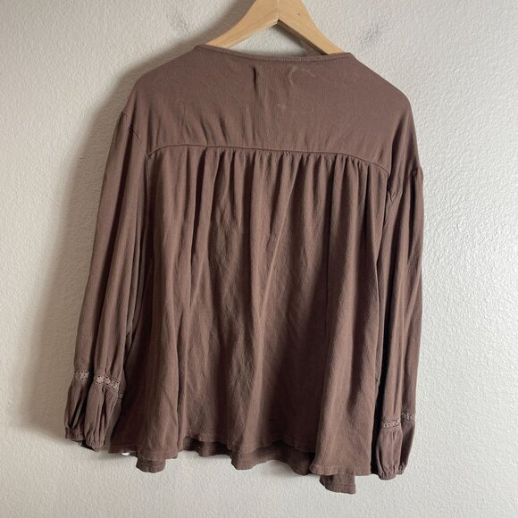 Lucky Brand Womens XL Embroidered Peasant Blouse Brown Long Sleeve Boho Shirt - Picture 11 of 12